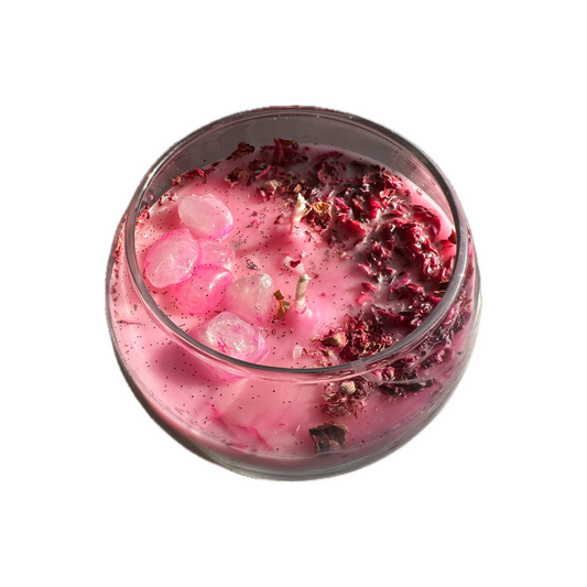 Crush Rose Self-Love Crystal Candle - Crushed Roses with Rose Quartz Crystals, Universal of Love for Heart Chakra, Decor & Ornaments