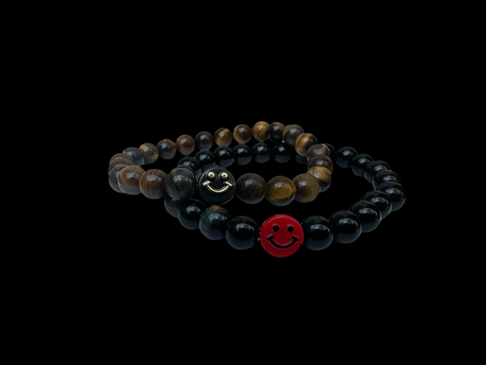 Smiley Face Tigers Eye Bracelet with Red Clear Quartz & Hematite - Enhances Well-Being & Spiritual Health