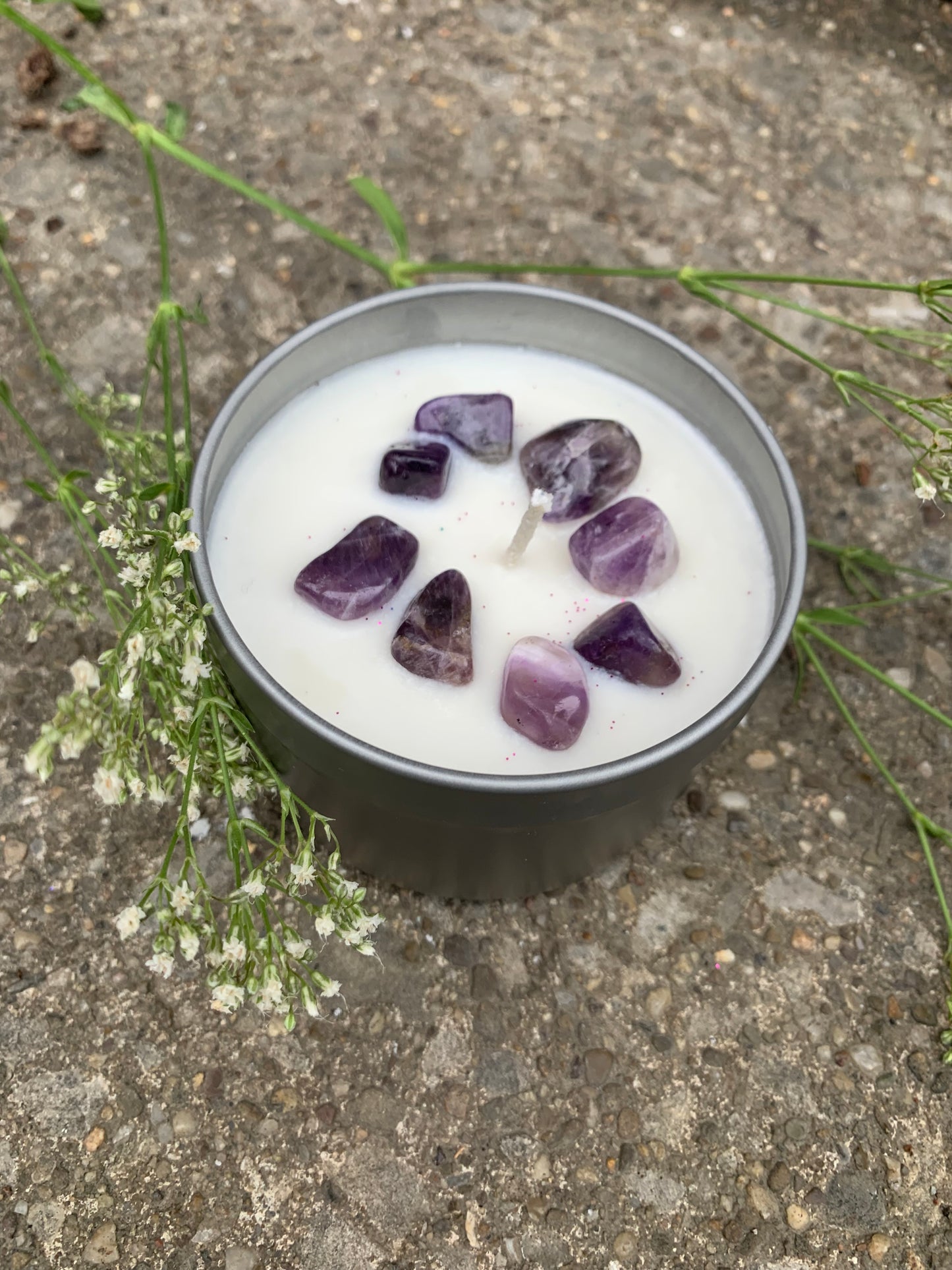 Amethyst tin can candle